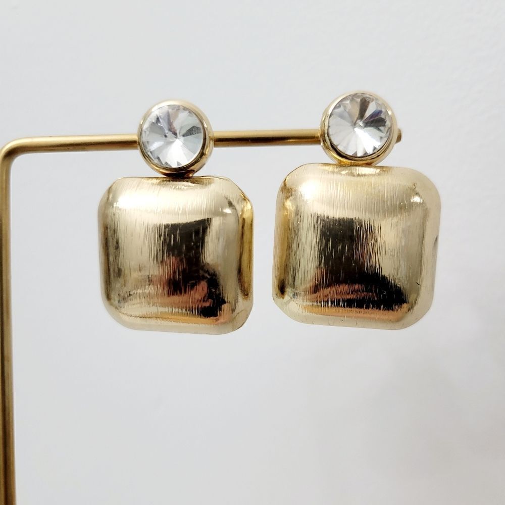 2/$20 Brand New Gold Tone Square Clear Stone Fashion Earrings